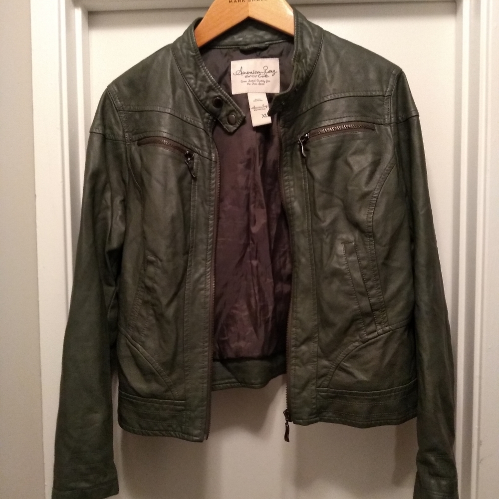 Women's green faux leather biker jacket